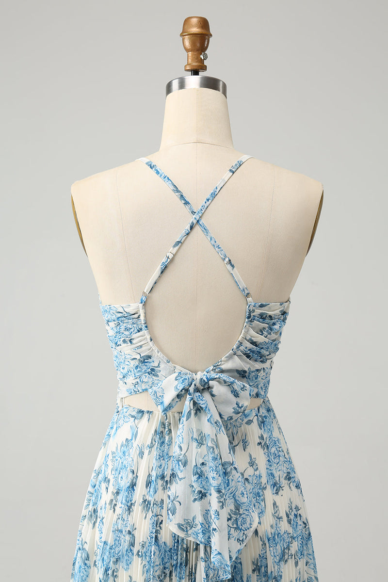 Load image into Gallery viewer, White Blue Flower Spaghetti Straps A Line Wedding Guest Dress