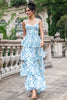 Load image into Gallery viewer, White Blue A Line Corset Tiered Floral Long Wedding Party Guest Dress