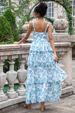 White Blue A Line Corset Tiered Floral Long Wedding Party Guest Dress