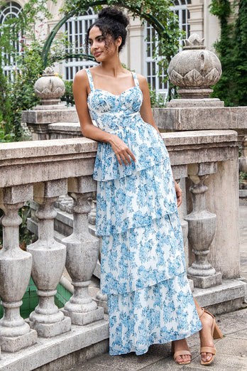 White Blue A Line Corset Tiered Floral Long Wedding Party Guest Dress