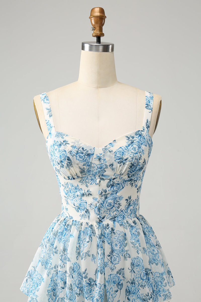 Load image into Gallery viewer, White Blue Corset Tiered Floral Wedding Guest Dress