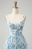 White Blue Corset Tiered Floral Wedding Guest Dress
