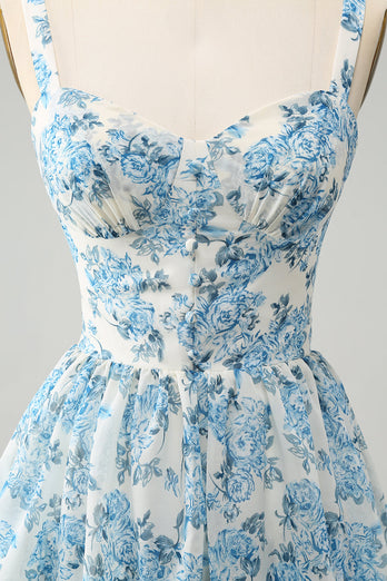 White Blue Corset Tiered Floral Wedding Guest Dress