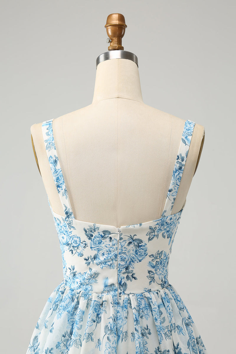 Load image into Gallery viewer, White Blue Corset Tiered Floral Wedding Guest Dress