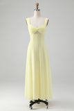 Lemon Yellow A Line Keyhole Long Bridesmaid Dress with Slit