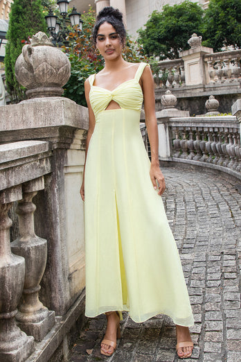 Lemon Yellow Keyhole A Line Midi Bridesmaid Dress