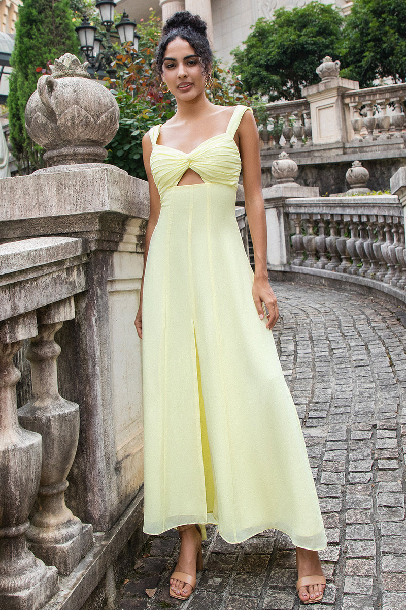 Load image into Gallery viewer, Lemon Yellow Keyhole A Line Midi Bridesmaid Dress