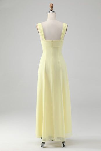 Lemon Yellow A Line Keyhole Long Bridesmaid Dress with Slit