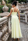 Lemon Yellow A Line Keyhole Long Bridesmaid Dress with Slit