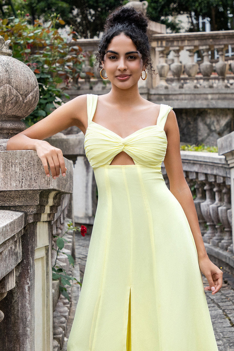 Load image into Gallery viewer, Lemon Yellow A Line Keyhole Long Bridesmaid Dress with Slit