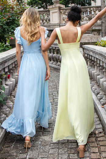 Lemon Yellow A Line Keyhole Long Bridesmaid Dress with Slit