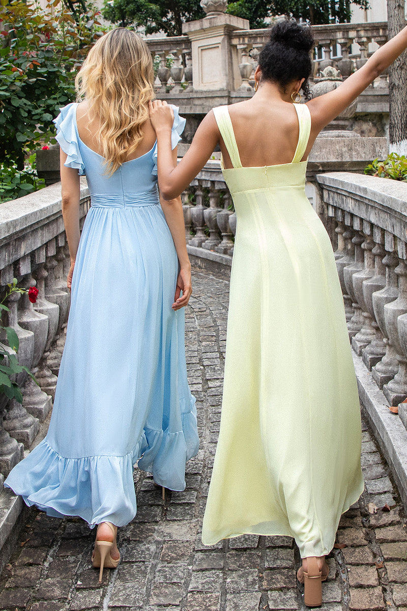 Load image into Gallery viewer, Lemon Yellow A Line Keyhole Long Bridesmaid Dress with Slit