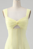 Lemon Yellow Keyhole A Line Midi Bridesmaid Dress