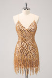 Sparkly Gold Tight Sequins V Neck Graduation Dress with Fringes