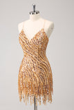 Sparkly Gold Tight Sequins V Neck Graduation Dress with Fringes