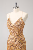 Sparkly Gold Tight Sequins V Neck Graduation Dress with Fringes