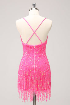 Sparkly Hot Pink Tight Sequins V Neck Graduation Dress with Fringes