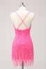 Load image into Gallery viewer, Sparkly Hot Pink Sequins V Neck Tight Graduation Dress with Fringes