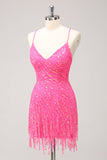 Sparkly Hot Pink Tight Sequins V Neck Graduation Dress with Fringes