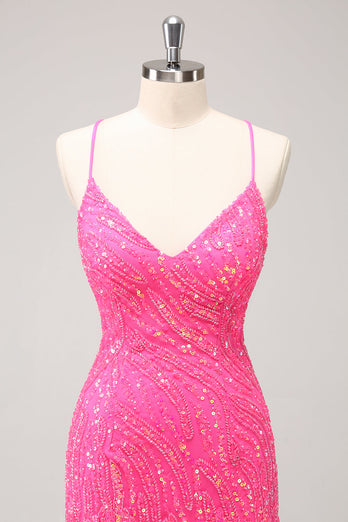 Sparkly Hot Pink Tight Sequins V Neck Graduation Dress with Fringes