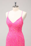 Sparkly Hot Pink Tight Sequins V Neck Graduation Dress with Fringes