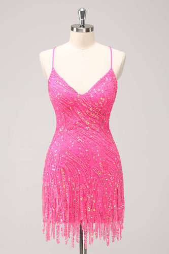 Sparkly Hot Pink Tight Sequins V Neck Graduation Dress with Fringes