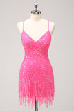 Sparkly Hot Pink Tight Sequins V Neck Graduation Dress with Fringes