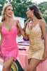 Load image into Gallery viewer, Sparkly Hot Pink Sequins V Neck Tight Graduation Dress with Fringes