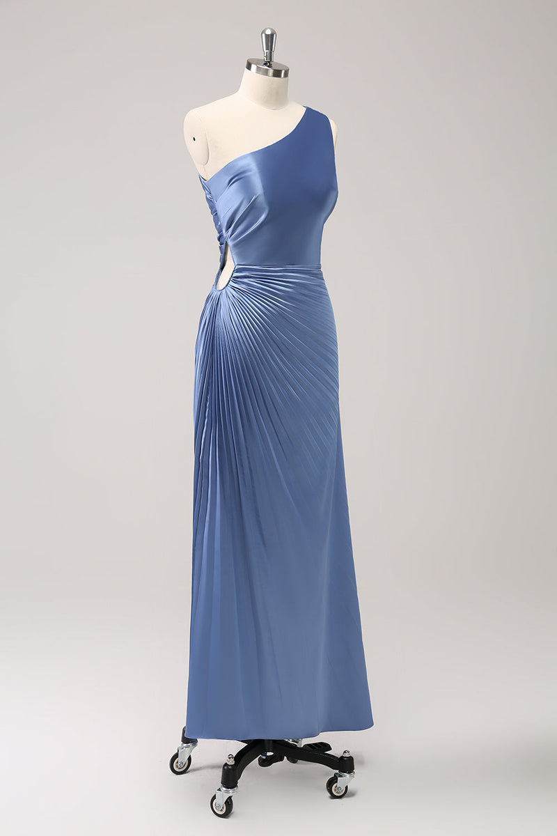 Load image into Gallery viewer, Blue One Shoulder Satin Keyhole Long Bridesmaid Dress