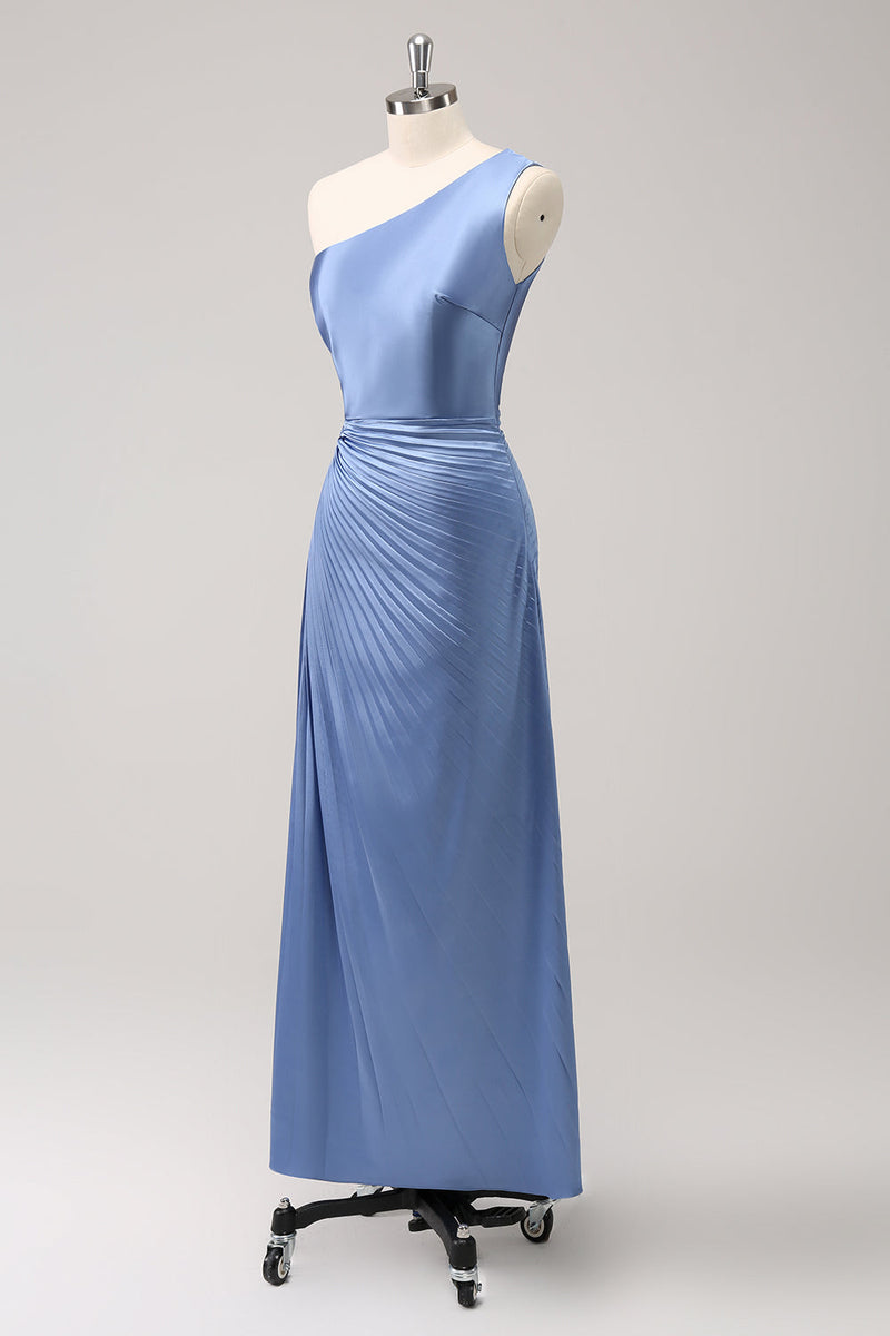 Load image into Gallery viewer, Blue One Shoulder Satin Keyhole Long Bridesmaid Dress