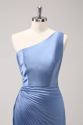 Blue One Shoulder Satin Keyhole Long Bridesmaid Dress