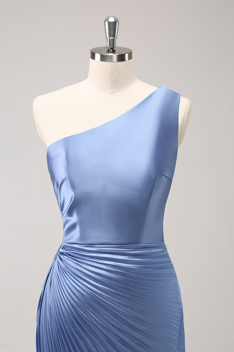 Load image into Gallery viewer, Blue One Shoulder Satin Keyhole Long Bridesmaid Dress