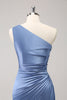 Load image into Gallery viewer, Blue One Shoulder Satin Keyhole Long Bridesmaid Dress