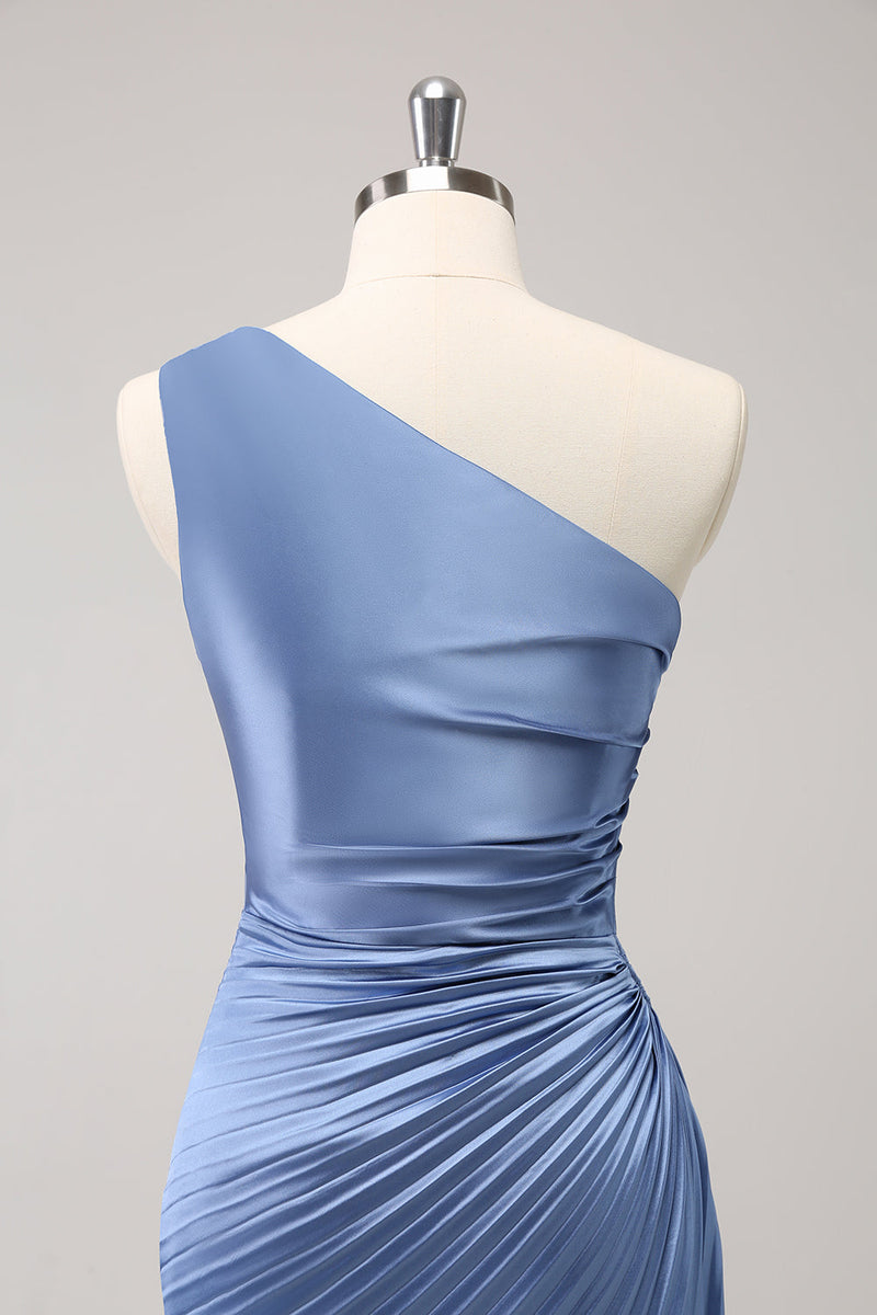 Load image into Gallery viewer, Blue One Shoulder Satin Keyhole Long Bridesmaid Dress