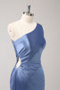 Load image into Gallery viewer, Blue One Shoulder Satin Keyhole Long Bridesmaid Dress