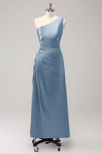 Blue One Shoulder Satin Keyhole Long Bridesmaid Dress