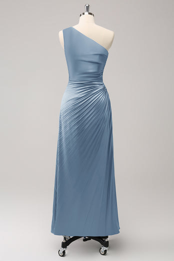 Blue One Shoulder Satin Keyhole Long Bridesmaid Dress