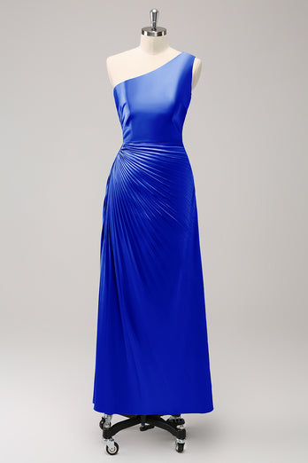 Blue One Shoulder Satin Keyhole Long Bridesmaid Dress