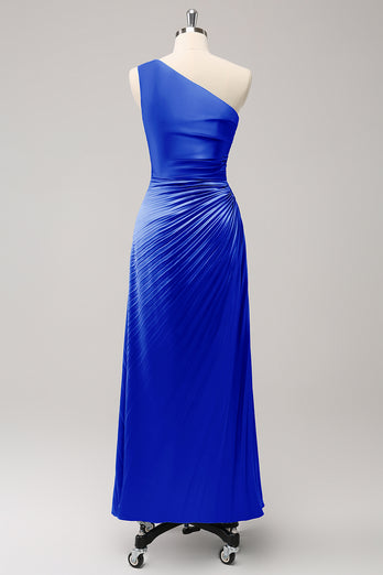 Blue One Shoulder Satin Keyhole Long Bridesmaid Dress