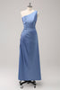 Load image into Gallery viewer, Blue Sheath One Shoulder Satin Keyhole Long Bridesmaid Dress