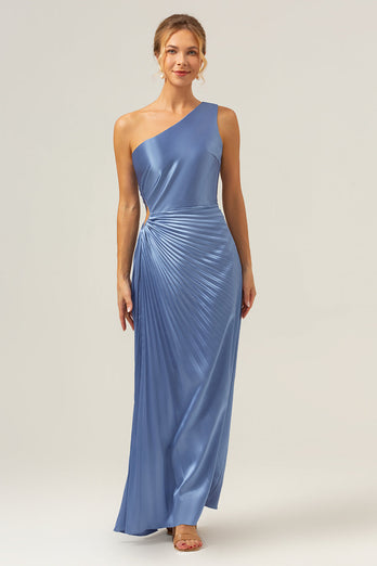 Blue One Shoulder Satin Keyhole Long Bridesmaid Dress