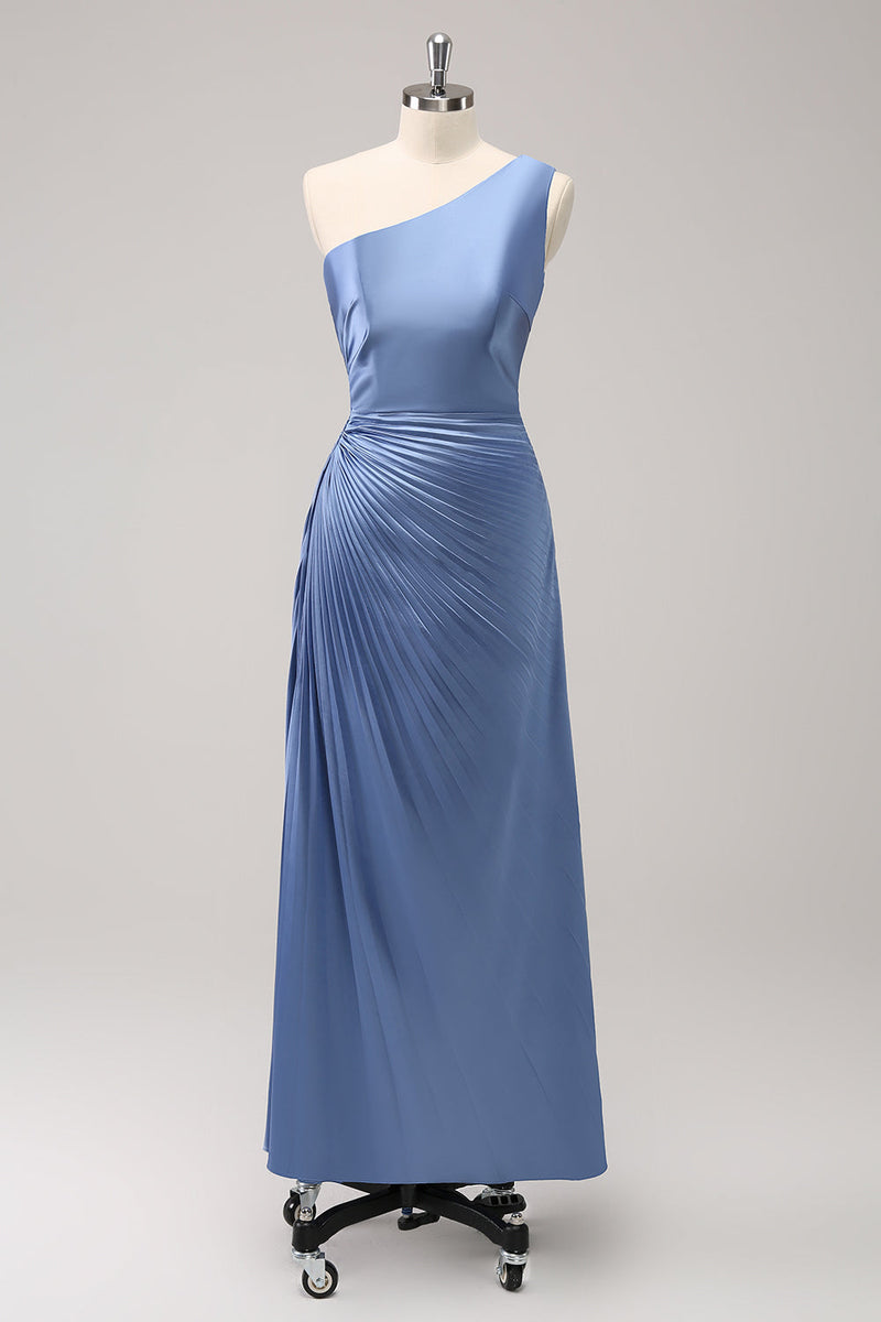 Load image into Gallery viewer, Blue One Shoulder Satin Keyhole Long Bridesmaid Dress