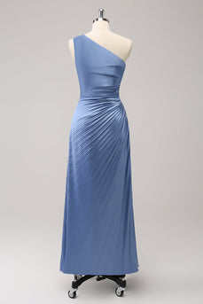 Blue One Shoulder Satin Keyhole Long Bridesmaid Dress