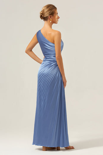 Blue One Shoulder Satin Keyhole Long Bridesmaid Dress