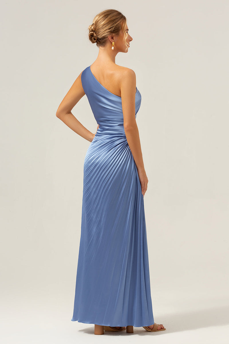 Load image into Gallery viewer, Blue One Shoulder Satin Keyhole Long Bridesmaid Dress