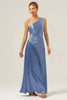 Load image into Gallery viewer, Blue Sheath One Shoulder Satin Keyhole Long Bridesmaid Dress