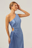 Load image into Gallery viewer, Blue Sheath One Shoulder Satin Keyhole Long Bridesmaid Dress