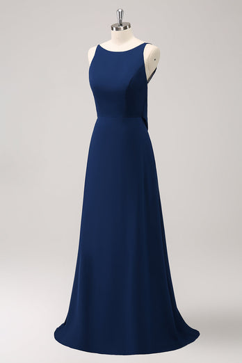 Navy Cowl Back A-Line Long Bridesmaid Dress