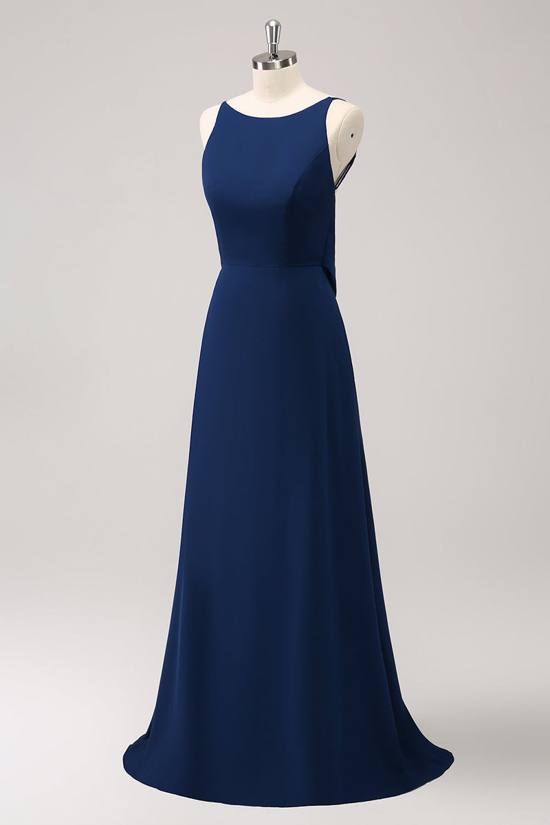 Load image into Gallery viewer, Navy Cowl Back A-Line Long Bridesmaid Dress