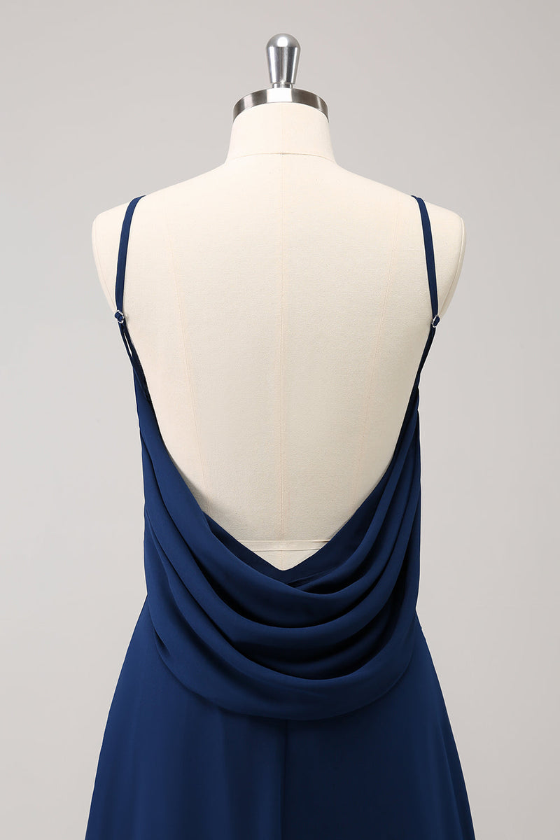 Load image into Gallery viewer, Navy Cowl Back A-Line Long Bridesmaid Dress